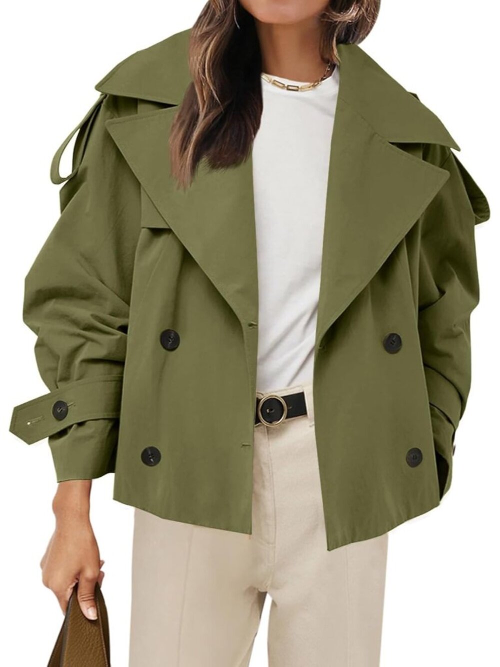 Women's Army Green Cropped Trench Double Breasted Short Jacket w/ Belt Outerwear